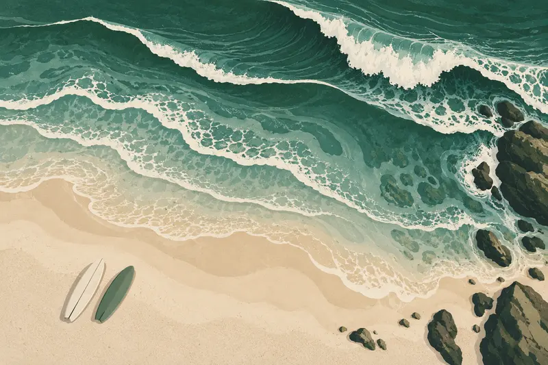 Conceptual overhead illustration of a beach with two boards on sand, wave lines and rocks.