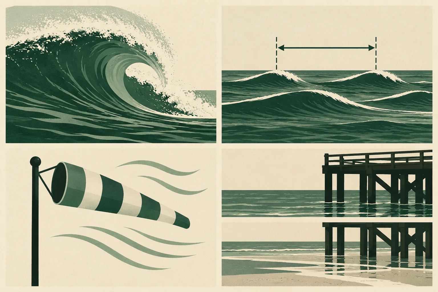Conceptual panels showing waves, space between crests, wind and changing water levels.