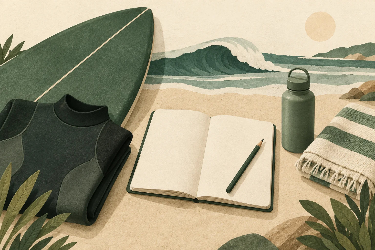 Editorial illustration of a surfboard, wetsuit, planning notebook and beach essentials, without prices.