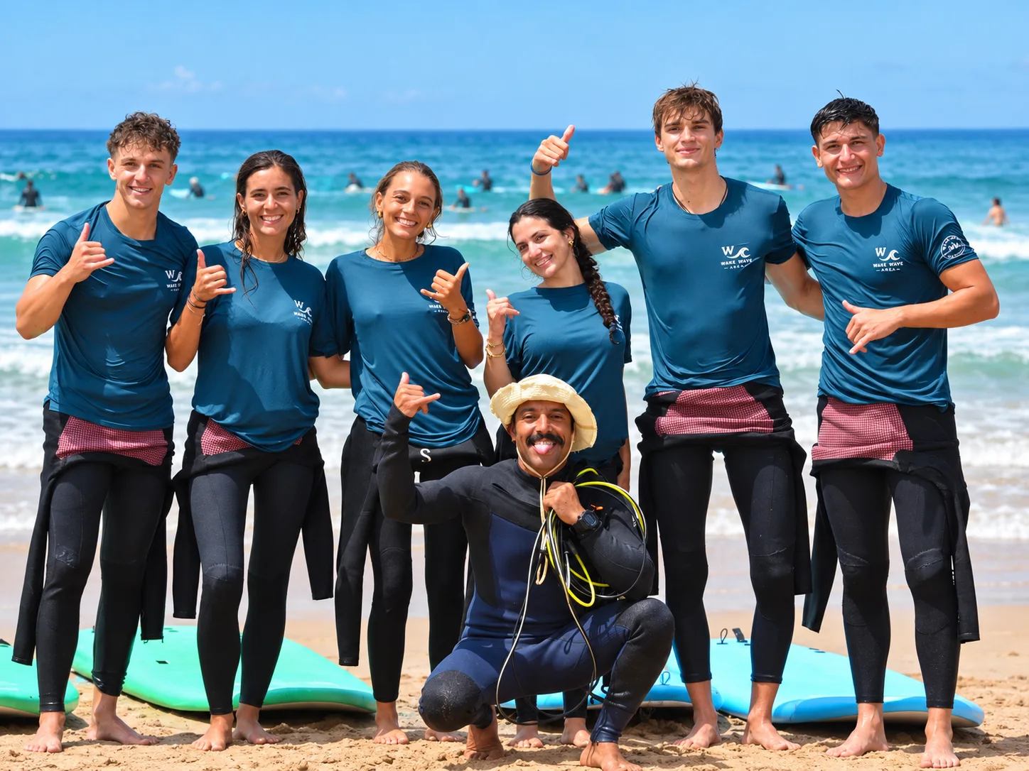 Le groupe Wake Wave avec son coach et ses planches sur la plage d’Anza au Maroc.