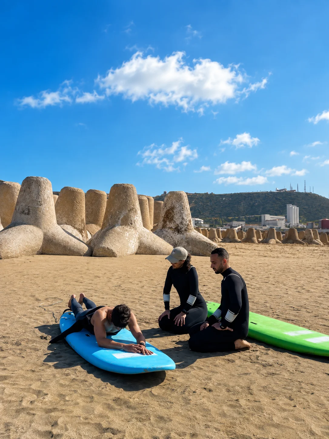 Wake Wave surf lesson group seated beside boards on Anza Beach.