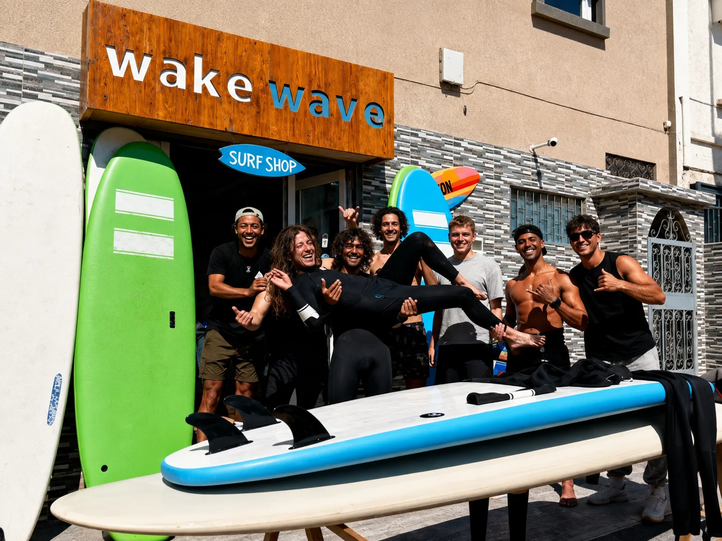 Wake Wave team and customers outside the Anza surf shop.