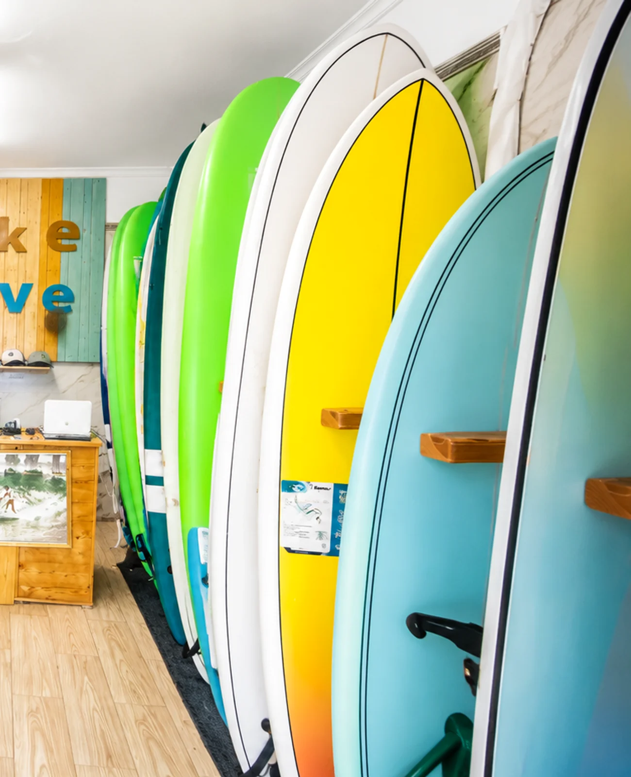 Colourful boards inside the Wake Wave shop.