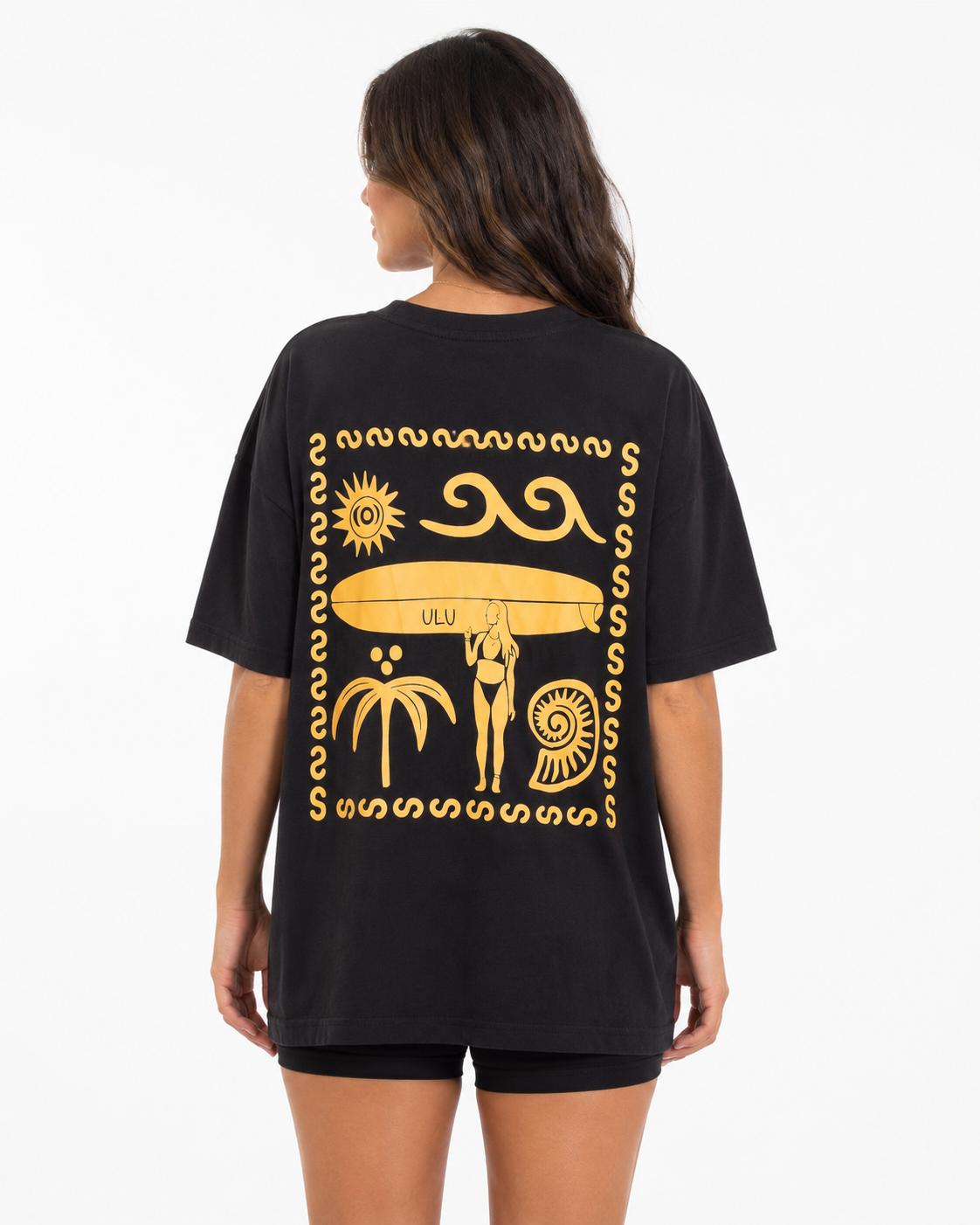 Wake Wave Gold Surf Motif Tee female back view.