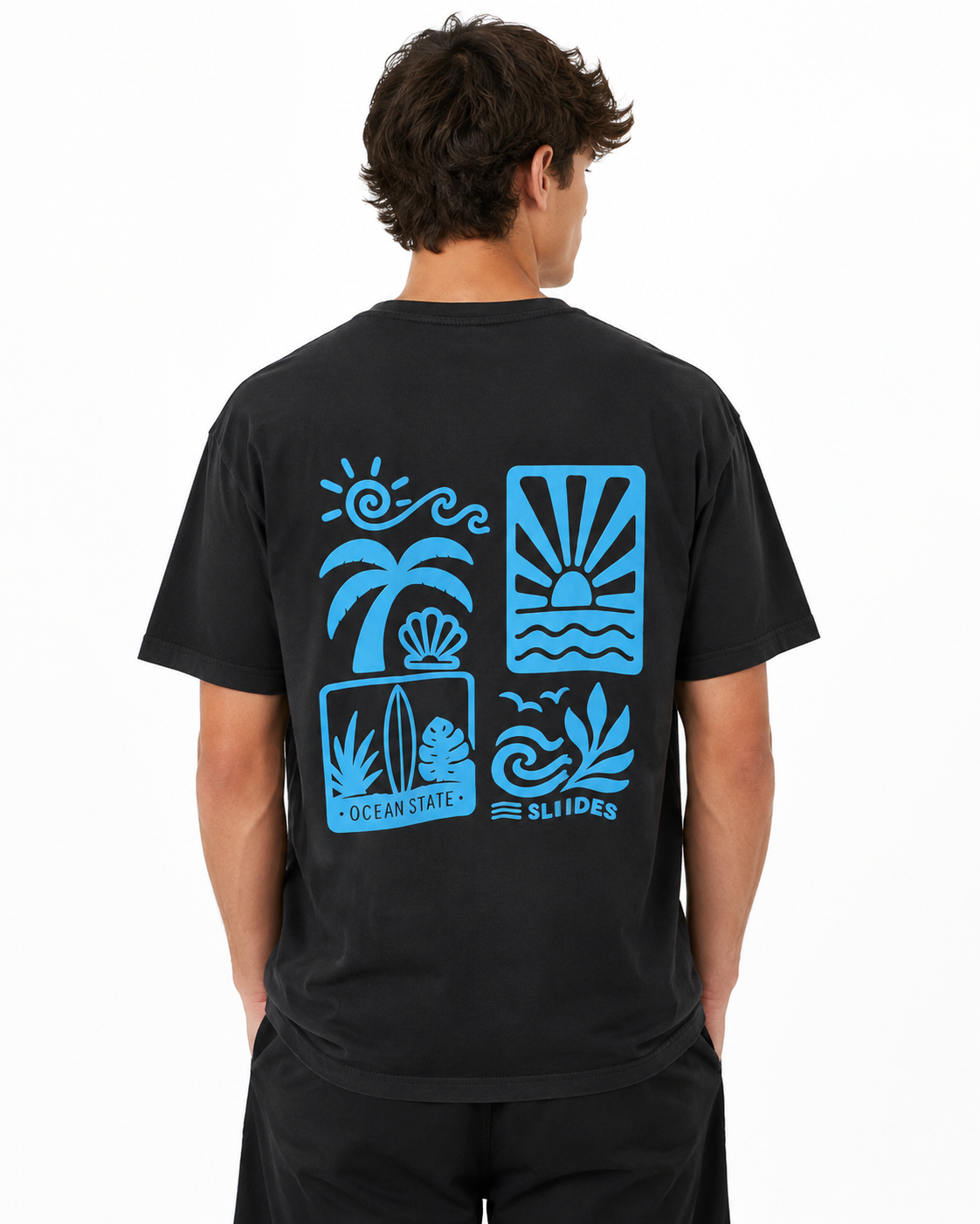 Wake Wave Ocean State Slides Tee male back view.