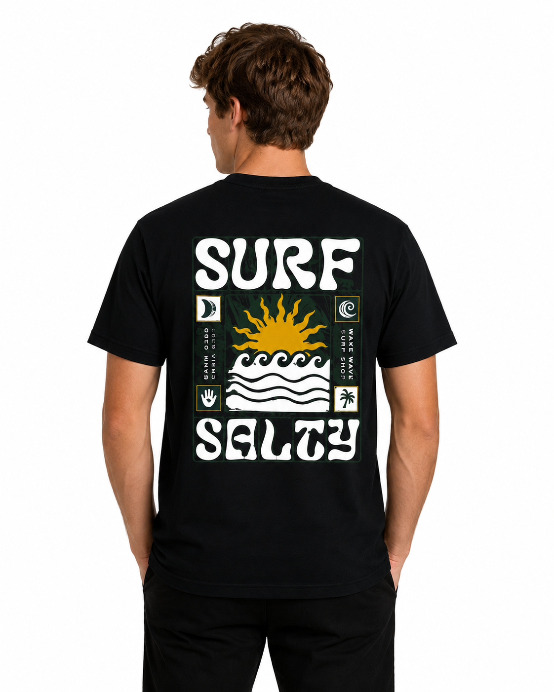 Wake Wave Surf Salty Tee male back view.