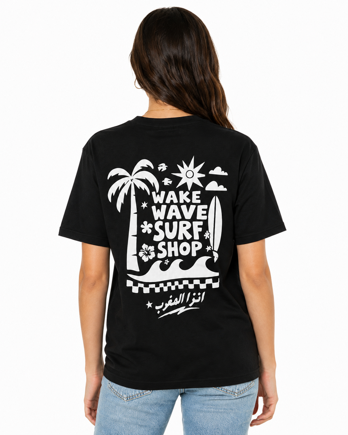 Wake Wave Surf Shop Tee female back view.