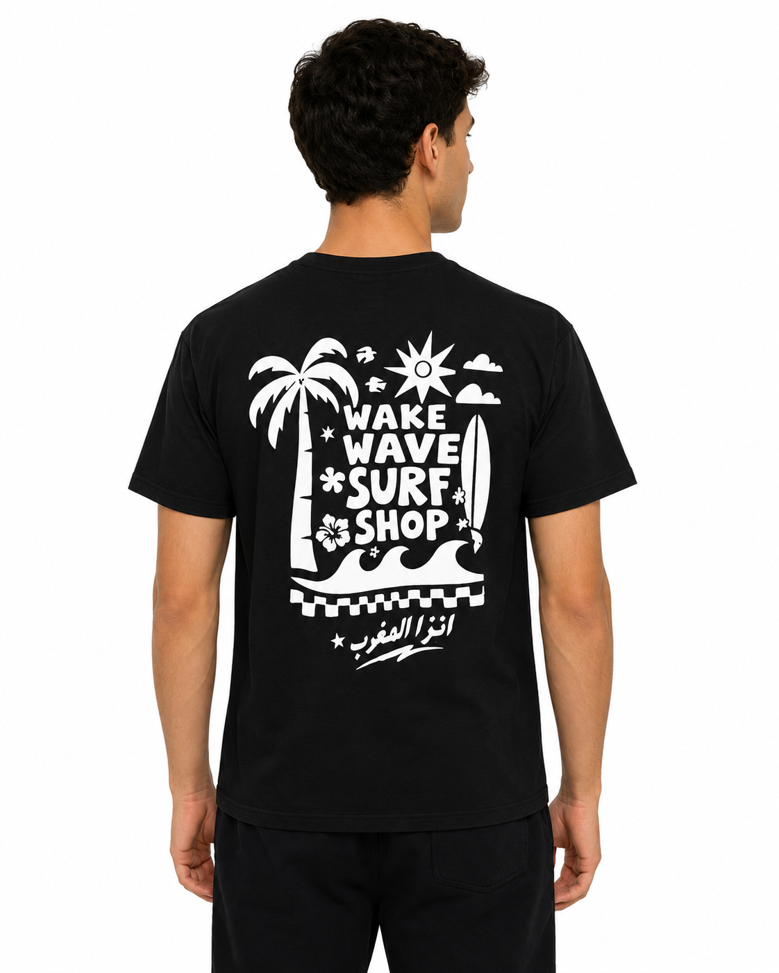 Wake Wave Surf Shop Tee male back view.