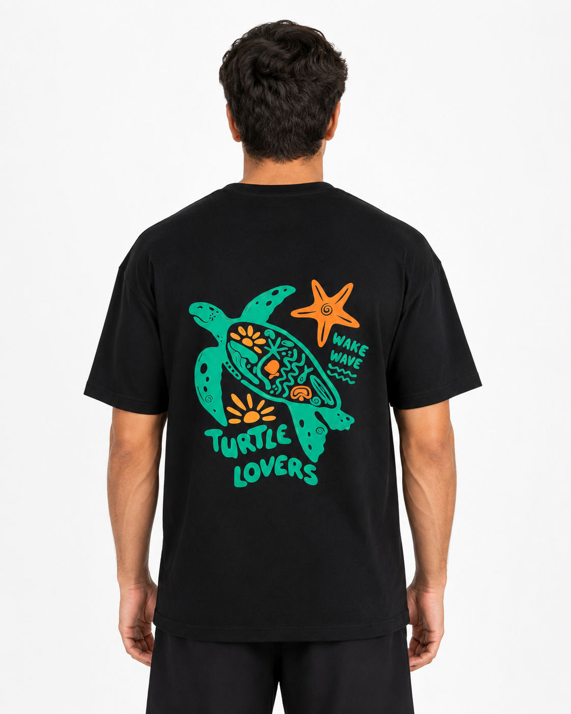 Wake Wave Turtle Lovers Tee male back view.