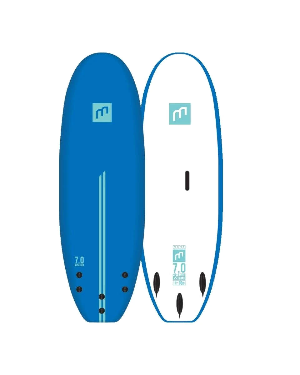 Blue 7 foot softboard deck and bottom product view.